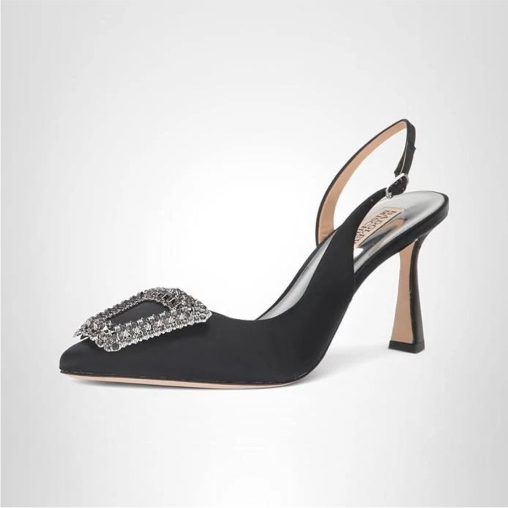 Badgley Mischka Enida Black Satin Slingback Pump Crystal Pointed Toe Heel 5